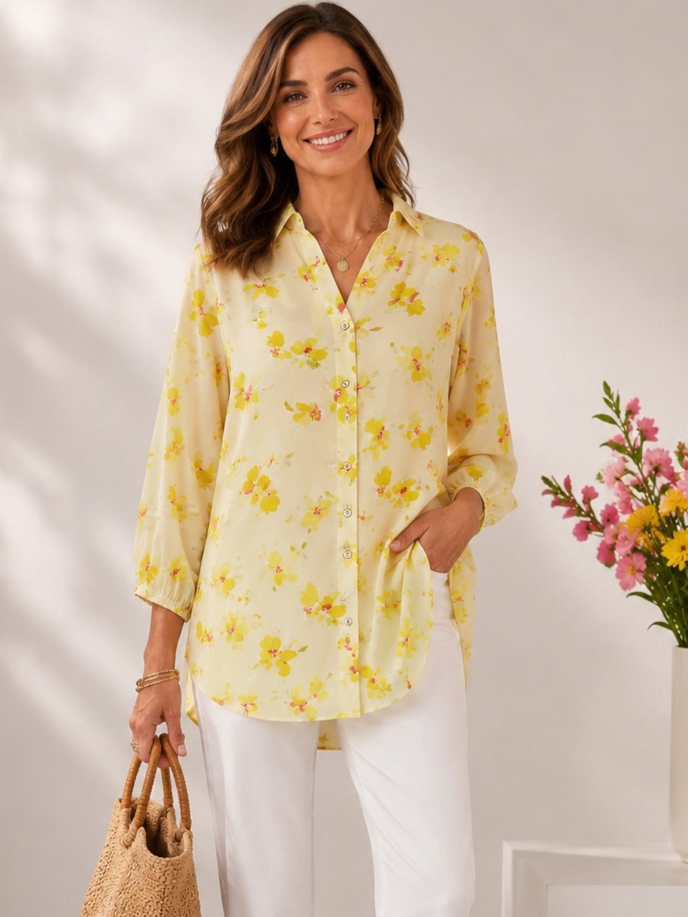 Cabi Yellow Floral Button Front Blouse tunic Size S Lightweight spring summer